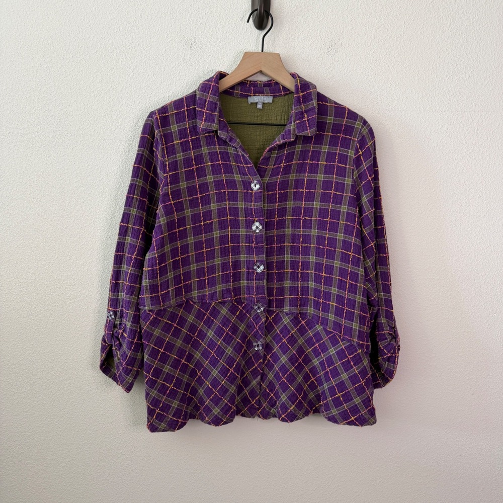 HABITAT Womens Cotton Plaid Asymmetrical Button Up Shirt Size Medium Boho Art